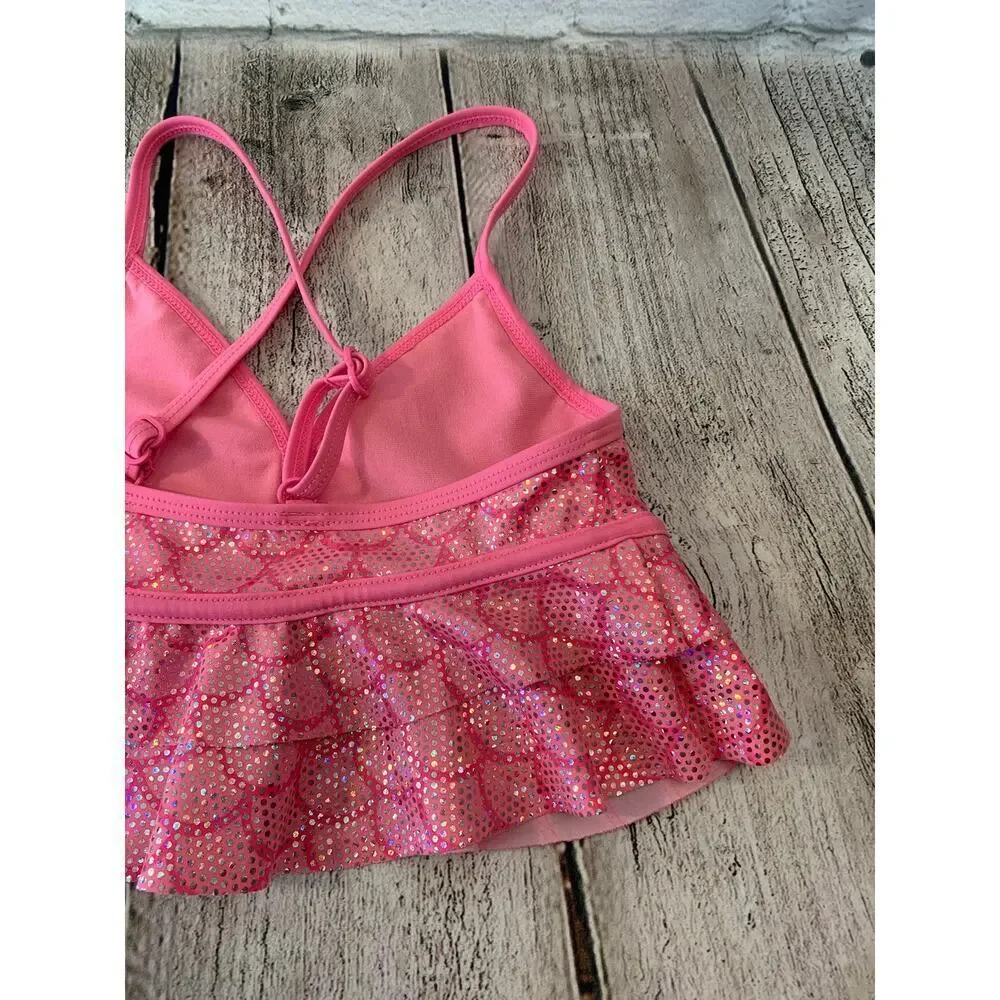 JUSTICE Girl’s Pink Silver Ruffled Tankini Top / Size: 8